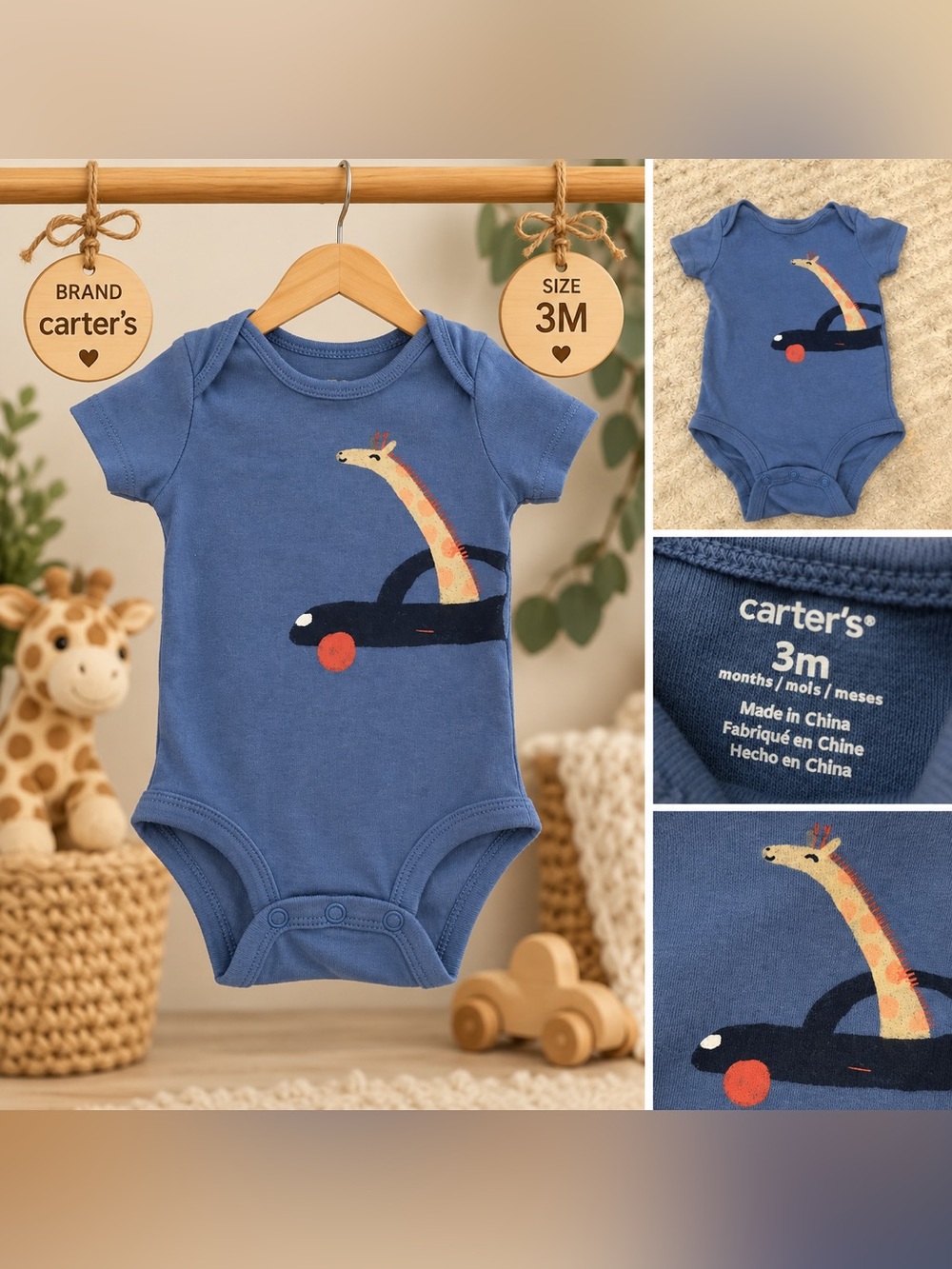 Carter’s Baby Boy Giraffe Car Bodysuit Blue – 3M